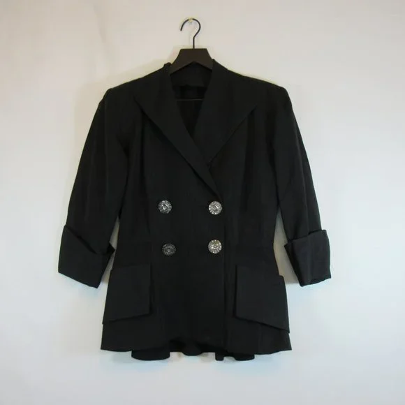 Black Double Breasted Blazer Coat Jacket 3/4 Sleeve Unique - Picture 2 of 7